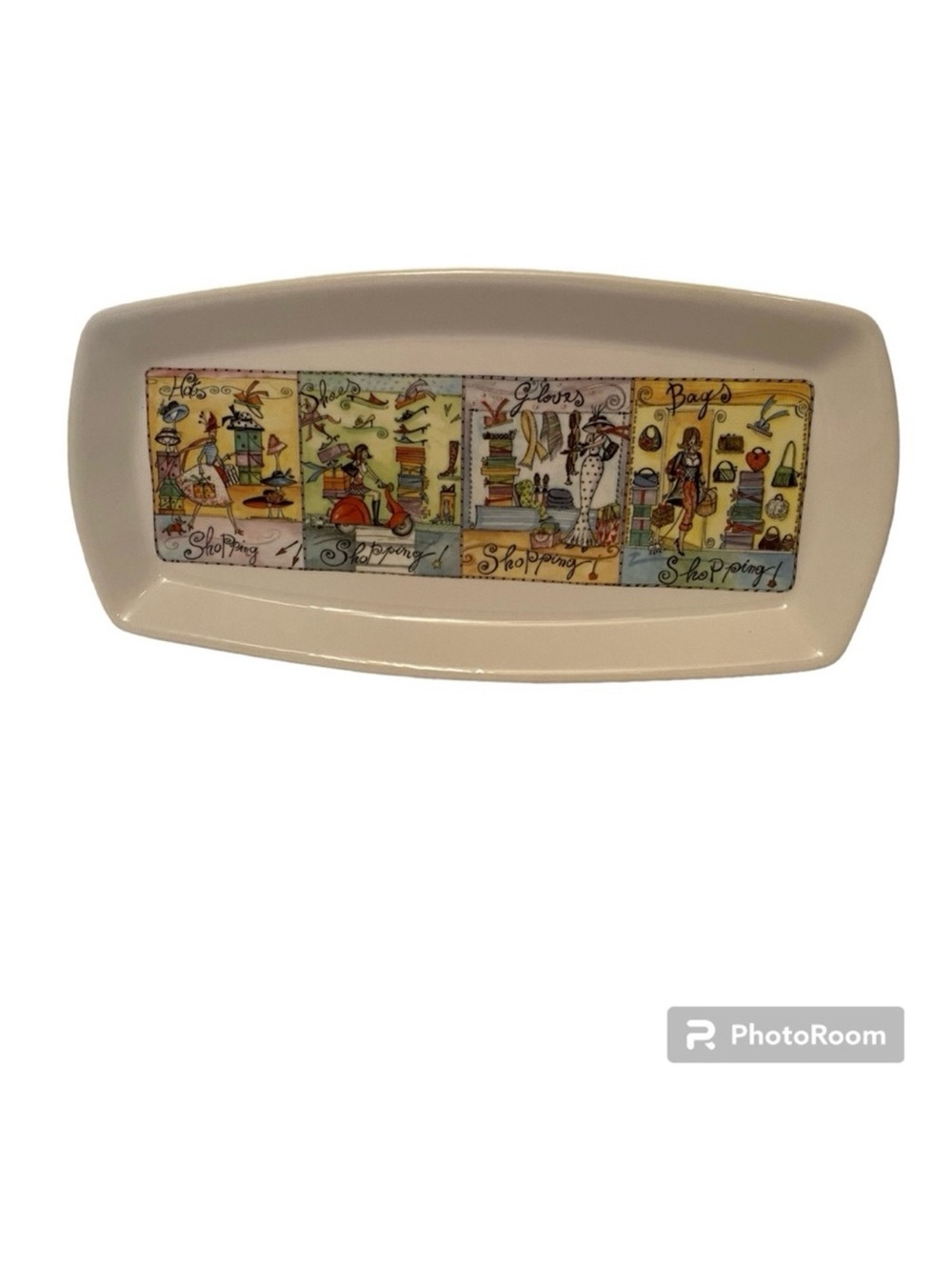 BRUNELLI TRAY SERVEWARE ITALY RETIRED WHITE PORCELAIN SHOPPING SCENES RECTANGLE
